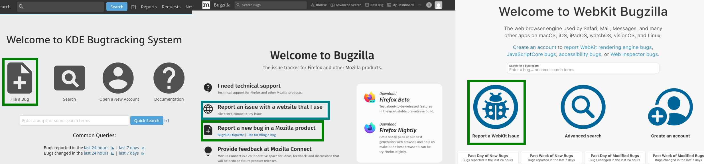 Click the relevant button in the main list of links, labelled 'File a bug', 'Report an issue', or similar. Note that Mozilla has one link for Mozilla projects and a different one for web compatibility issues 'with a website that I use'.