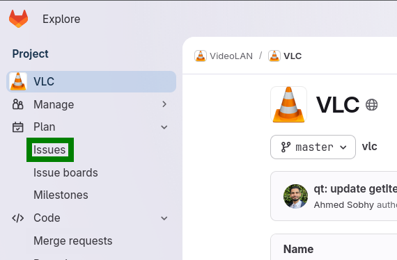 In GitLab, the Issues tab is in the primary navigation element, under the 'Plan' dropdown.