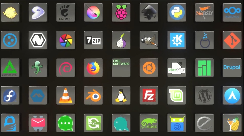 Logos of FLOSS projects you may want to contribute to. Logos include: Firefox, Blender, Linux, Filezilla, Ubuntu, GIMP, Tor, 7-Zip, Darktable, Debian, VLC, Conversations XMPP client, DavX5, openSUSE, F-Droid, Linux Mint, LibreOffice, KDE, Python, Inkscape, Raspberry Pi, Krita, GNOME, Gentoo...